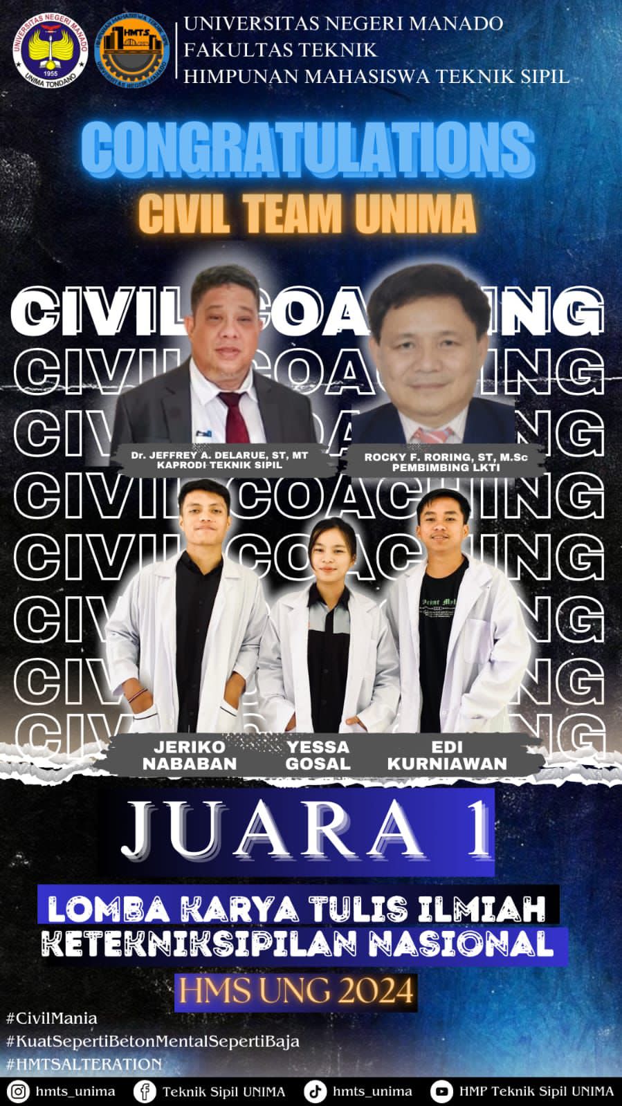 Tumbangkan Utusan Kampus Terbaik se-Indonesia, Civil Team Unima Sabet Juara 1 LKTI Keteknik Sipilan Nasional 2024 di UNG