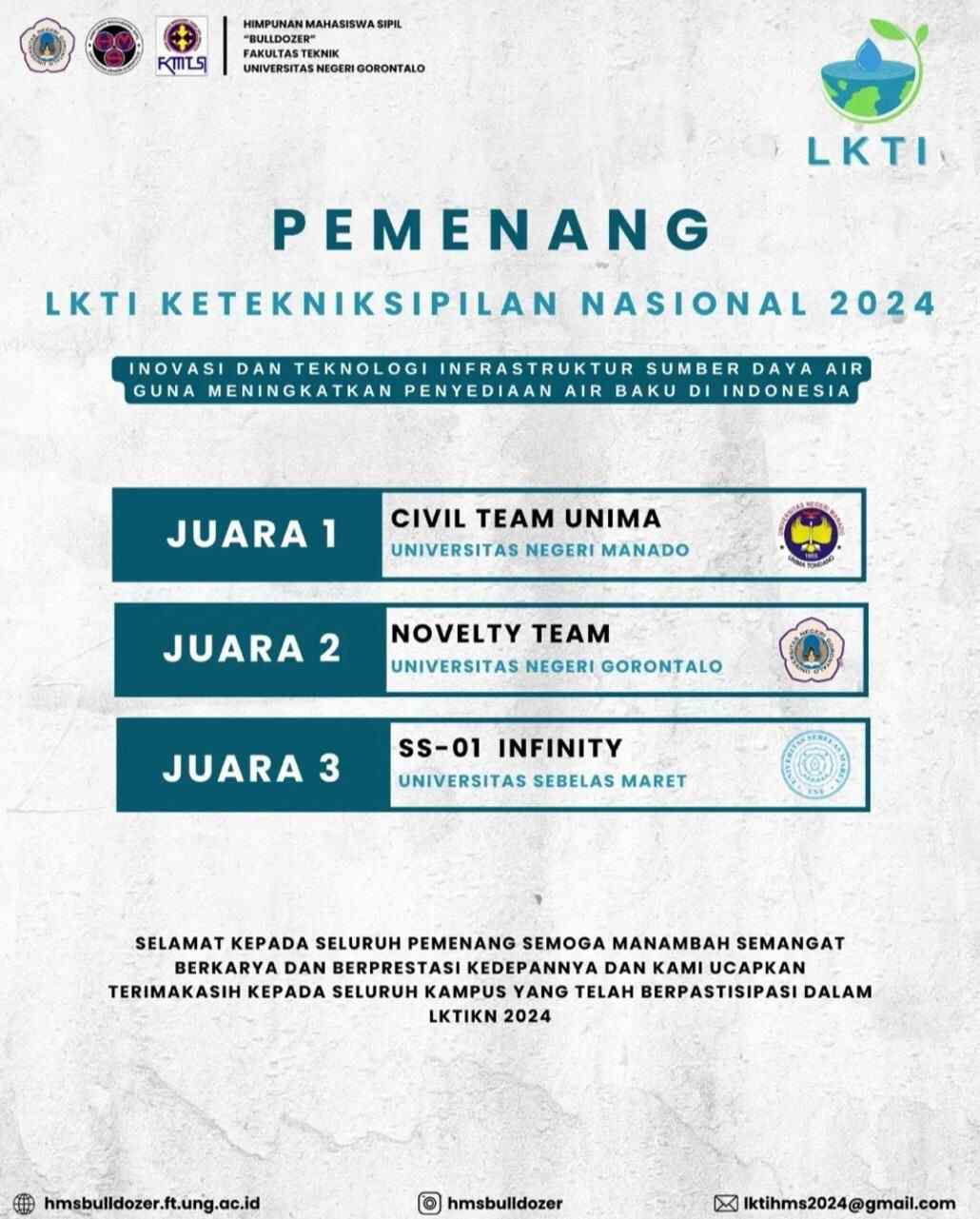 Tumbangkan Utusan Kampus Terbaik se-Indonesia, Civil Team Unima Sabet Juara 1 LKTI Keteknik Sipilan Nasional 2024 di UNG