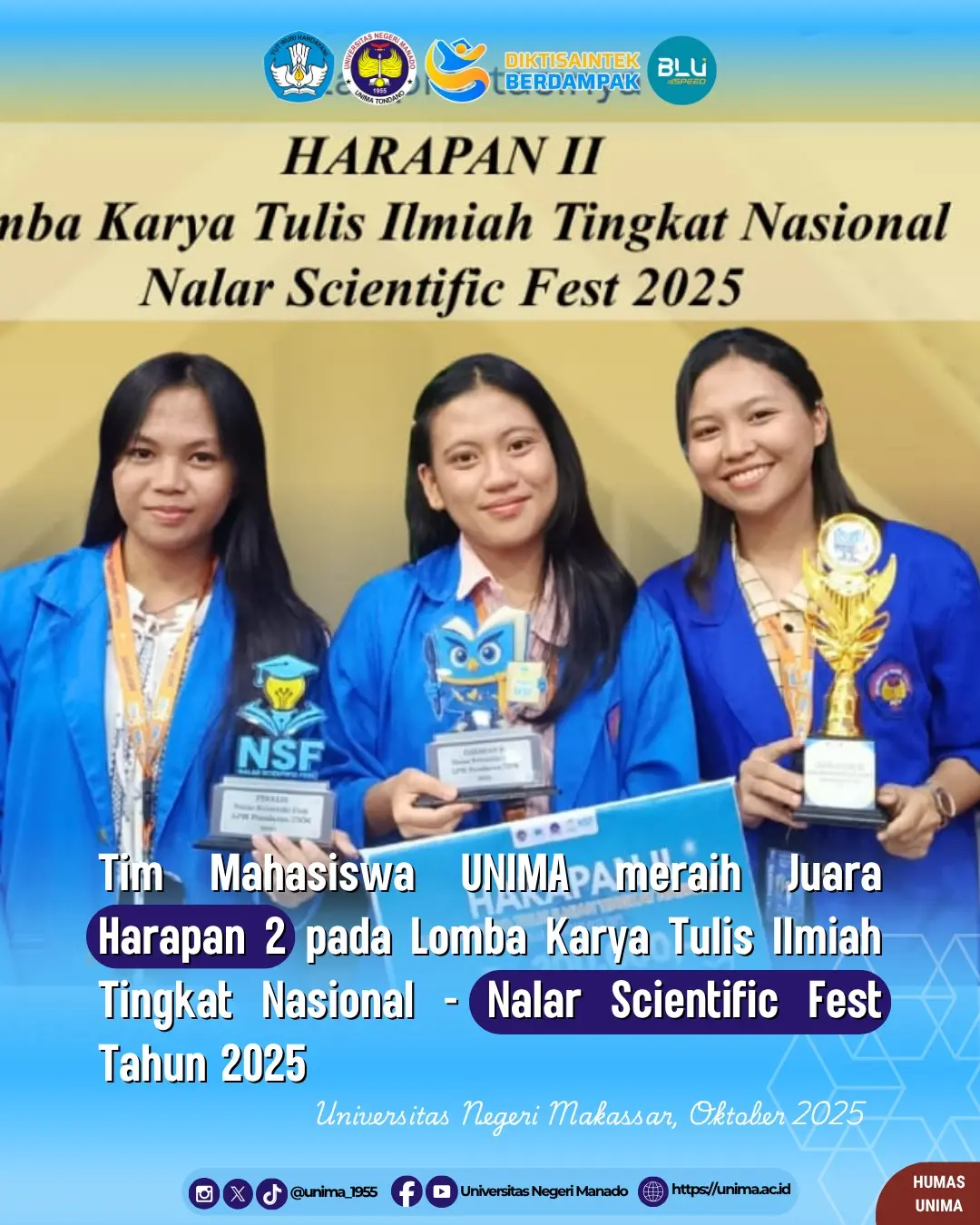 Tim Mahasiswa UNIMA meraih Juara Harapan 2 pada Lomba Karya Tulis Ilmiah Tingkat Nasional - Nalar Scientific Fest Tahun 2025