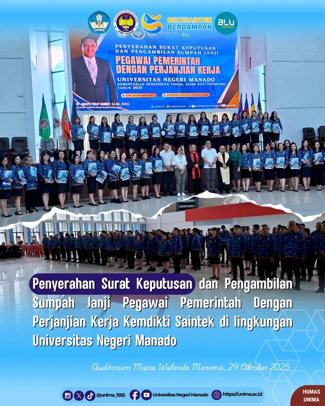 Penyerahan Surat Keputusan dan Pengambilan Sumpah Janji Pegawai Pemerintah Dengan Perjanjian Kerja Kemdikti Saintek di lingkungan Universitas Negeri Manado