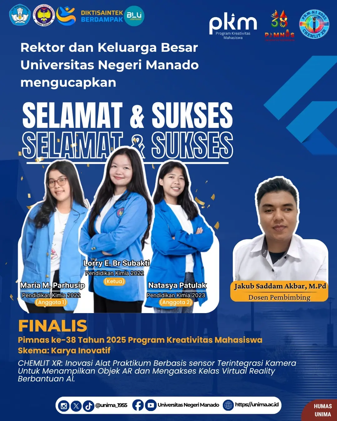 Tim PKM “Chemlit XR” berhasil lolos sebagai Finalis PIMNAS ke-38 Tahun 2025 Program Kreatifitas Mahasiswa Skema Karya Inovasi