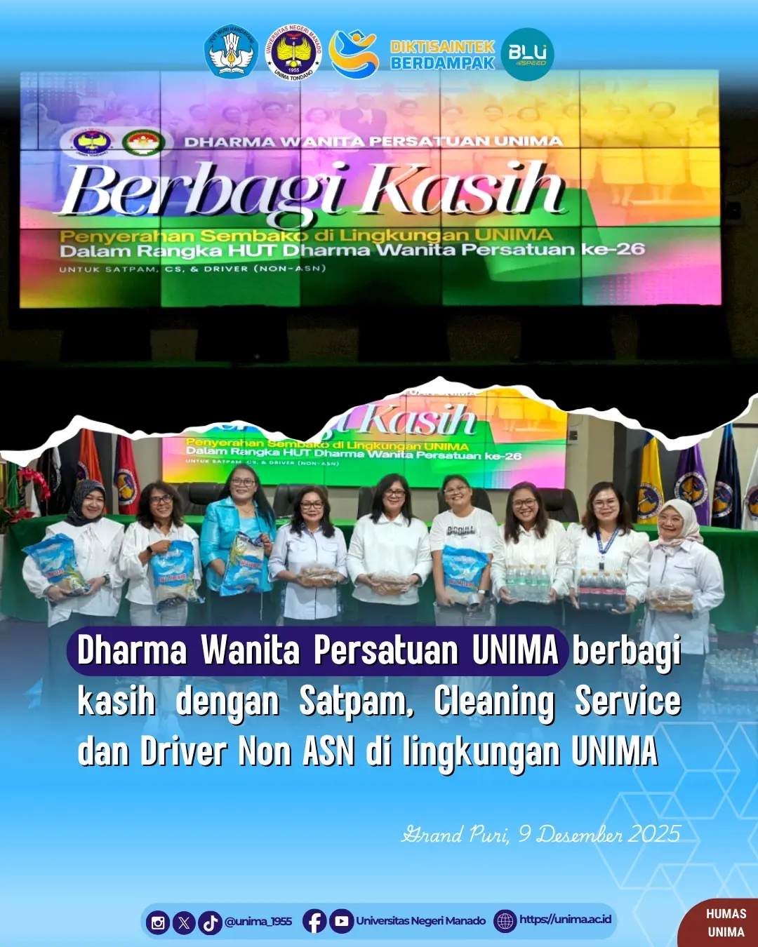 Dharma Wanita Persatuan UNIMA berbagi kasih dengan Satpam, Cleaning Service dan Driver Non ASN di lingkungan UNIMA