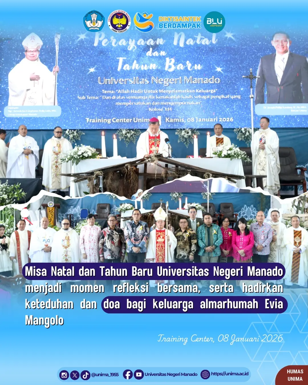 Misa Natal dan Tahun Baru Universitas Negeri Manado menjadi momen refleksi bersama, serta hadirkan keteduhan dan doa bagi keluarga almarhumah Evia Mangolo