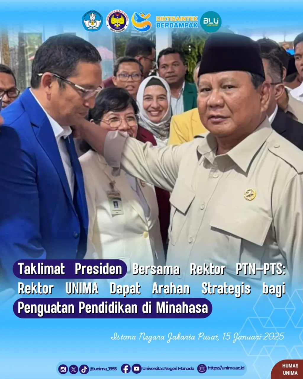 Presiden RI Beri Taklimat kepada Rektor PTN–PTS, Rektor UNIMA Terima Arahan Strategis untuk Kemajuan Pendidikan di Minahasa