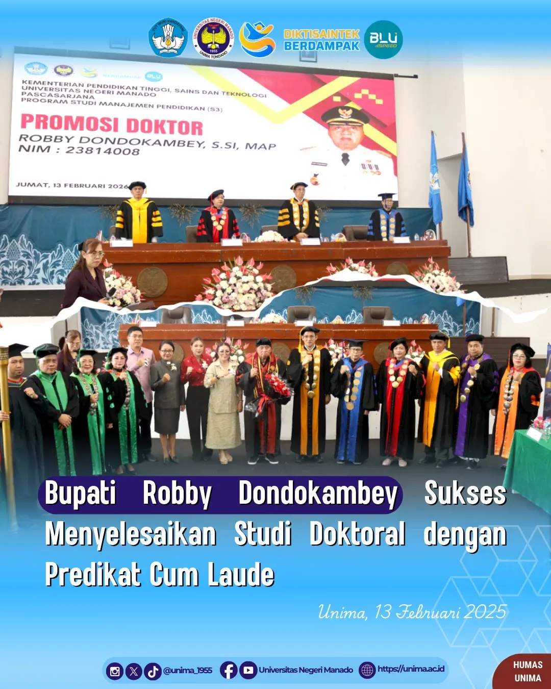 Bupati Minahasa, Robby Dondokambey Sukses Menyelesaikan Studi Doktoral dengan Predikat Cum Laude