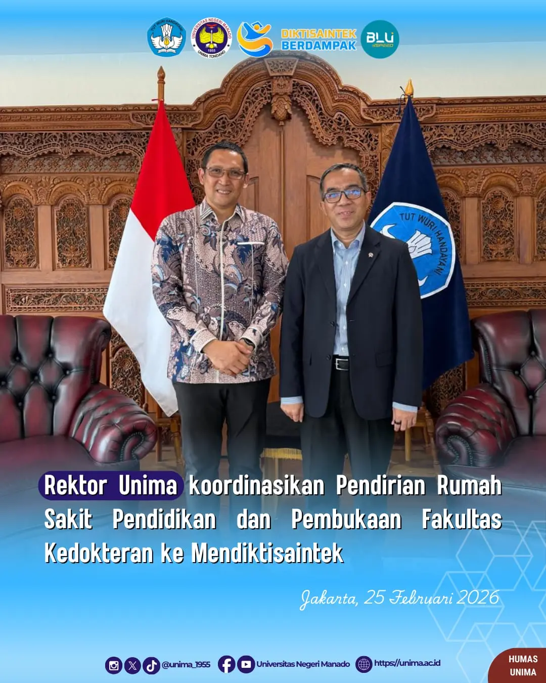 Rektor Unima Koordinasikan Pendirian Rumah Sakit Pendidikan dan Pembukaan Fakultas Kedokteran ke Mendiktisaintek