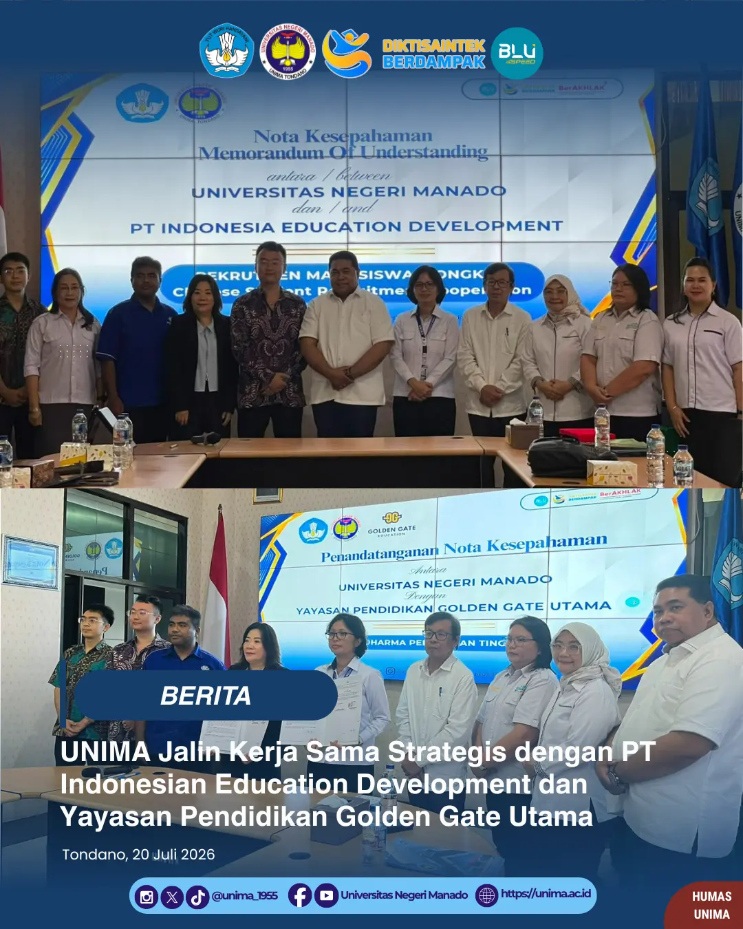 UNIMA Jalin Kerja Sama Strategis dengan PT Indonesian Education Development dan Yayasan Pendidikan Golden Gate Utama
