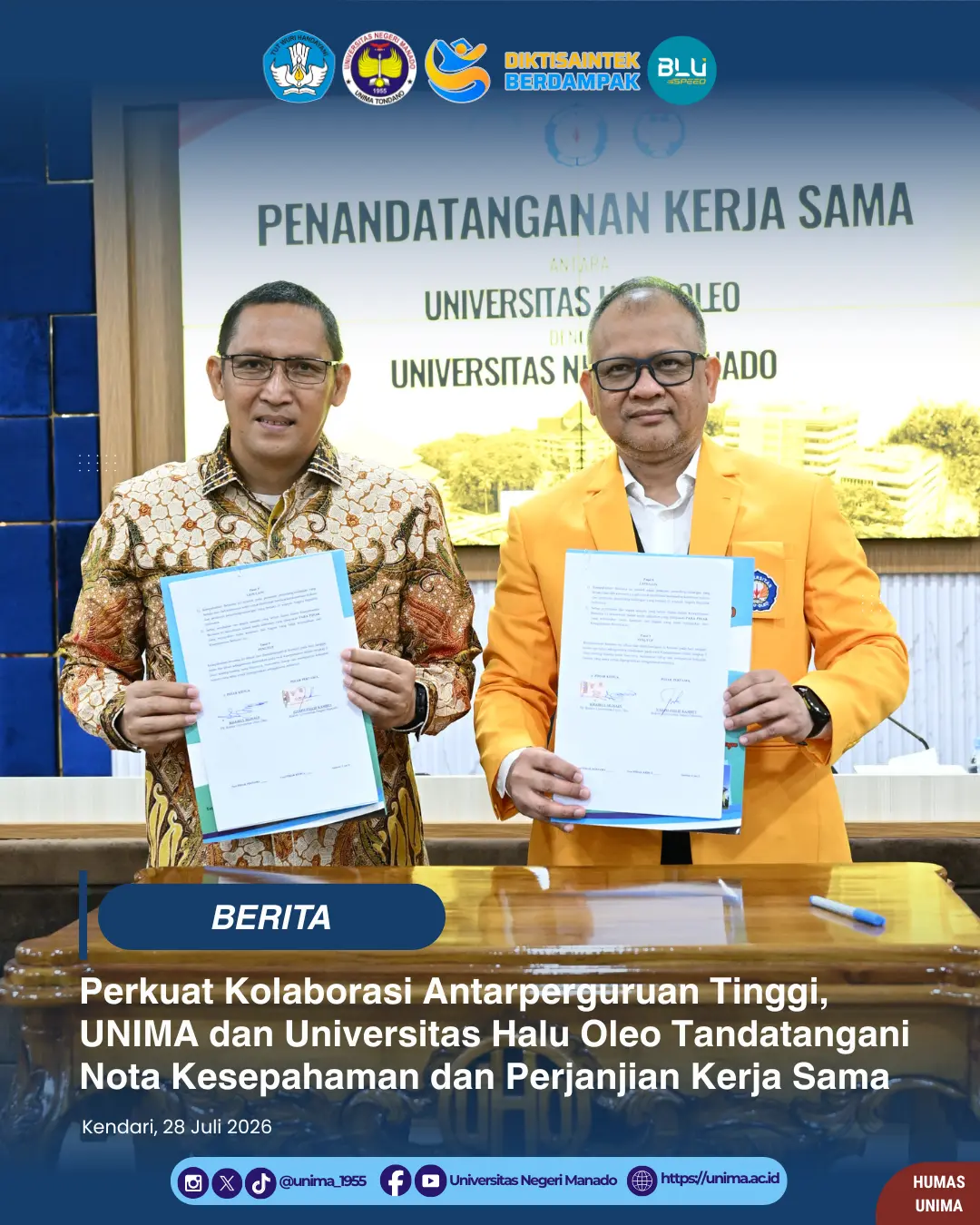 Perkuat Kolaborasi Antarperguruan Tinggi, UNIMA dan Universitas Halu Oleo Tandatangani Nota Kesepahaman dan Perjanjian Kerja Sama