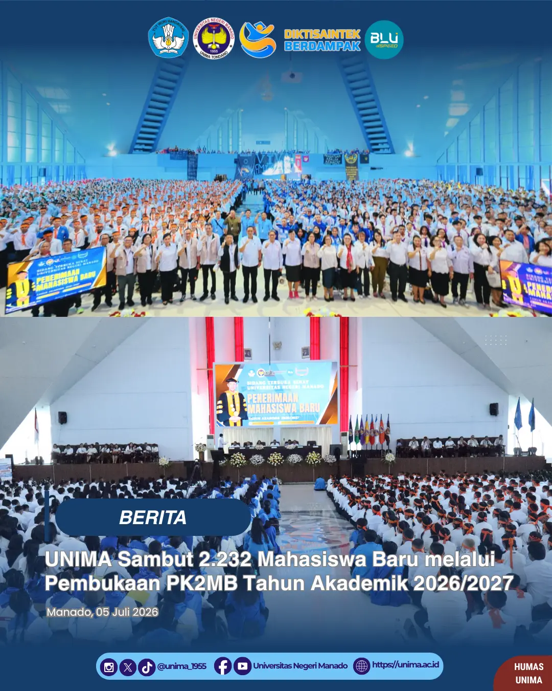 UNIMA Sambut 2.232 Mahasiswa Baru melalui Pembukaan PK2MB Tahun Akademik 2026/2027